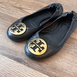 Tory Burch Black Ballet Flats with Gold Emblem